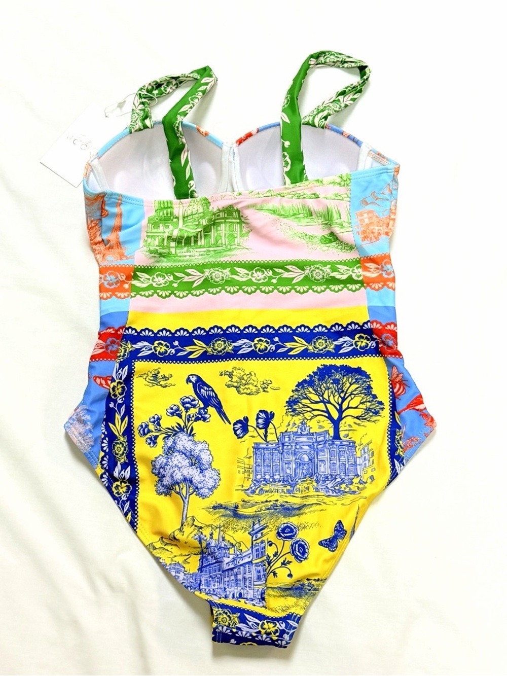 Endless Moon Colorful Toile One Piece Swimsuit S Underwire Padded Belted New - Picture 4 of 13